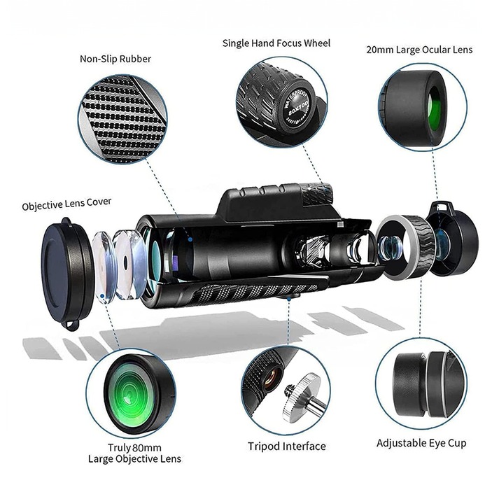 High Power Monocular Telescope With Smartphone Adapter and Tripod